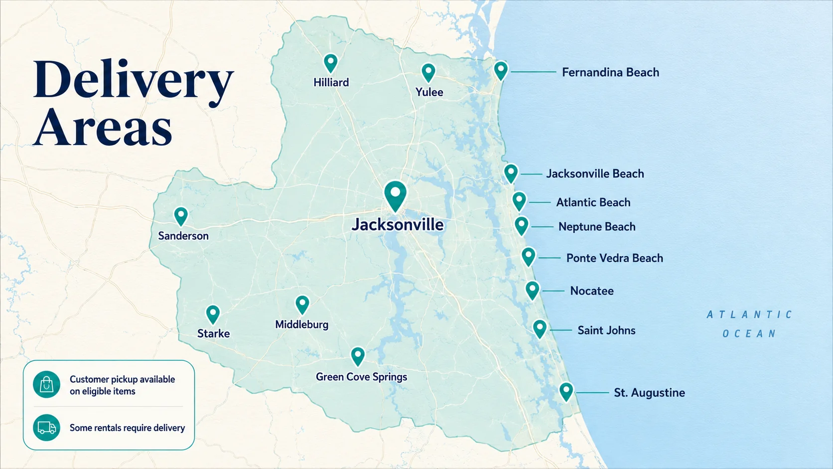 Map showing Jax Party Company delivery areas across Northeast Florida including Jacksonville, the beaches, Saint Johns County, and beyond