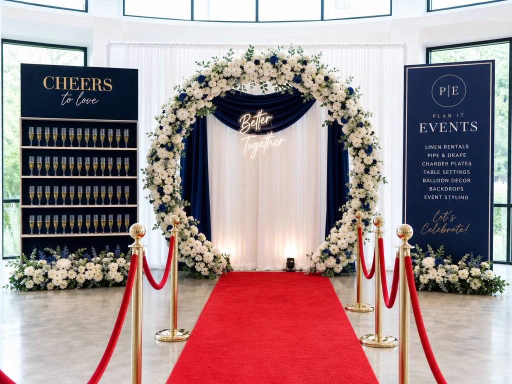 Arches, champagne walls and red carpet decor rentals in Jacksonville
